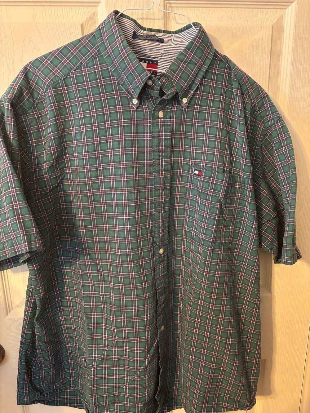Tommy Hilfiger Men's Short Sleeve Button Down Plaid Shirt Green XL